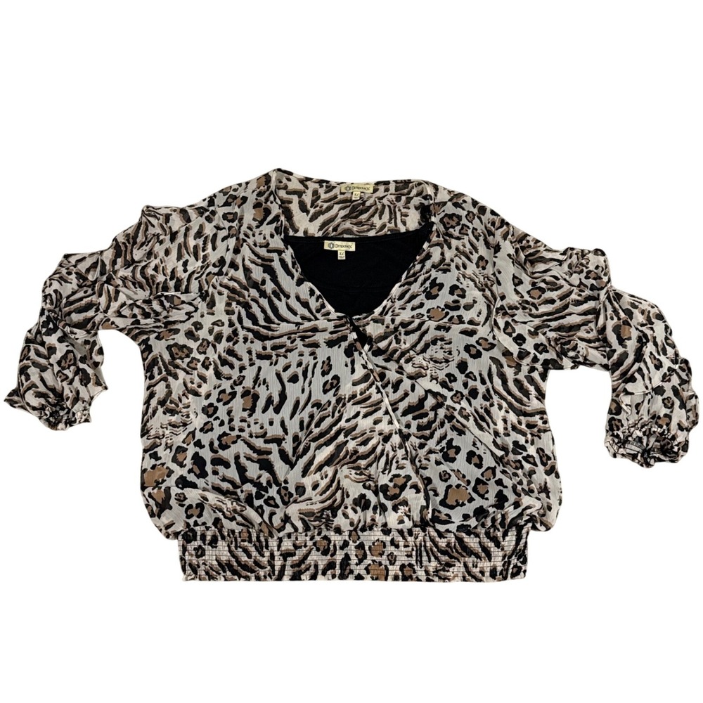 Democracy Womens XL‎ Animal Print Blouse Sheer Layered 3/4 Sleeve Stretch Top